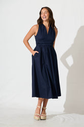 Navy Cotton Midi Dress - Odelle